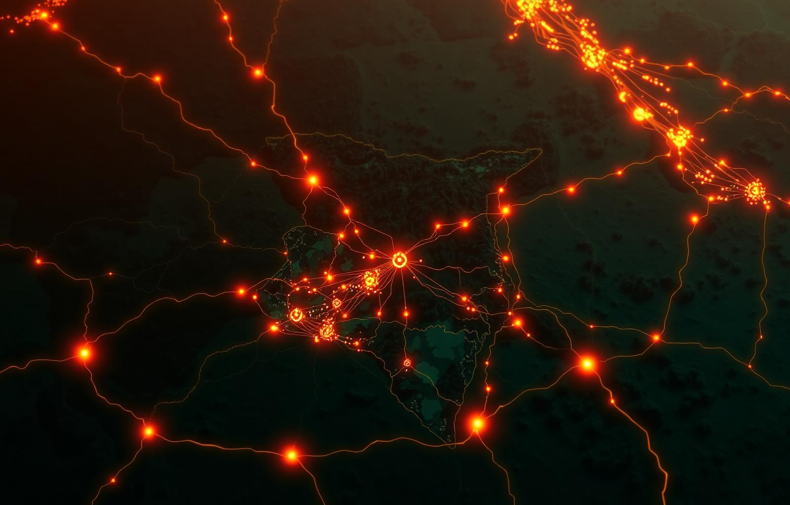 Aerial topographic illustration of Kenya with fiber network light trails